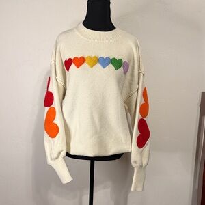 Colorful Heart Women's Sweater - Cream with Multicolor Hearts